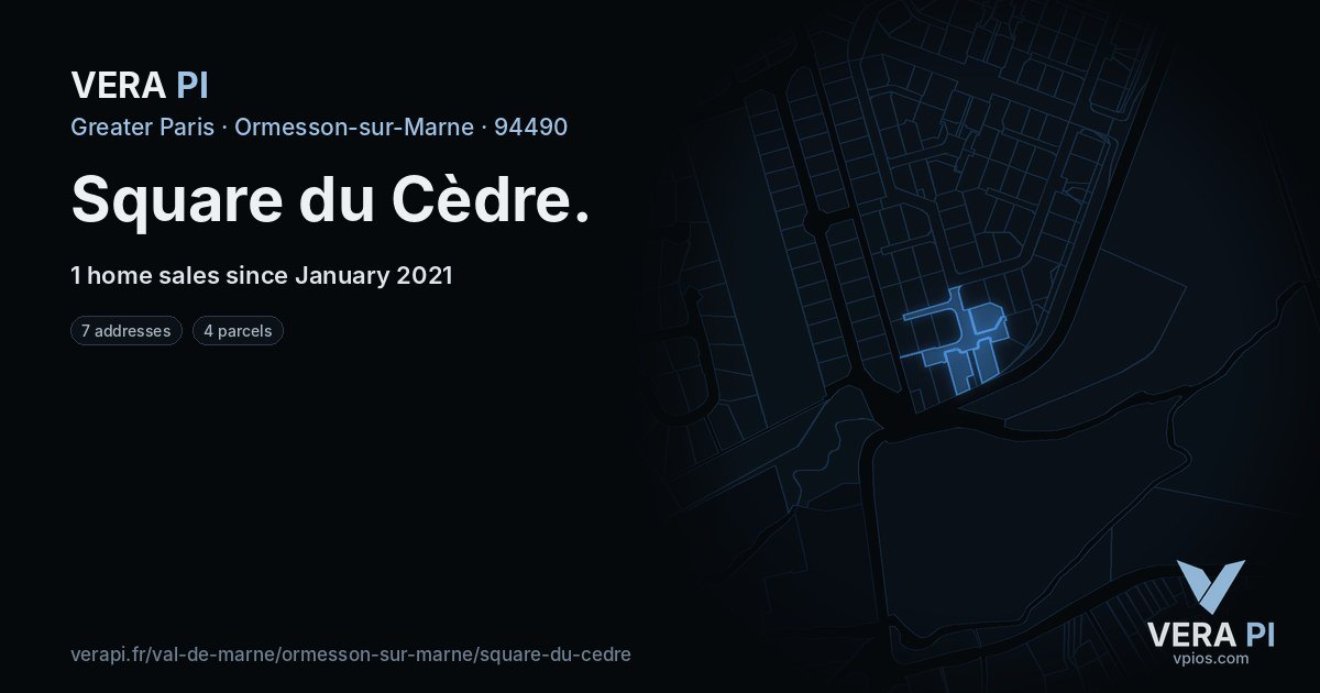 Square du Cèdre, Ormesson-sur-Marne at night – every parcel coloured by the prices around it, the street's own parcels lit