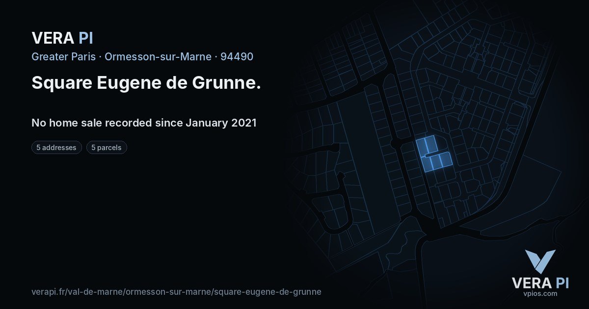 Square Eugene de Grunne, Ormesson-sur-Marne at night – every parcel coloured by the prices around it, the street's own parcels lit