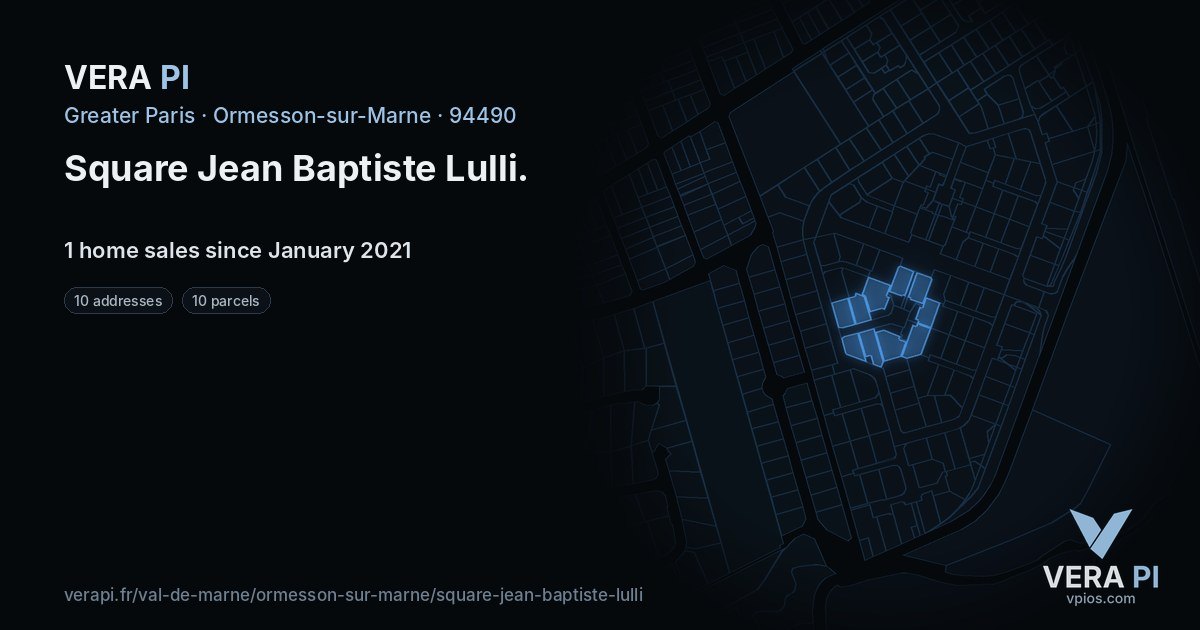 Square Jean Baptiste Lulli, Ormesson-sur-Marne at night – every parcel coloured by the prices around it, the street's own parcels lit
