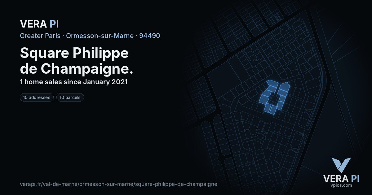 Square Philippe de Champaigne, Ormesson-sur-Marne at night – every parcel coloured by the prices around it, the street's own parcels lit