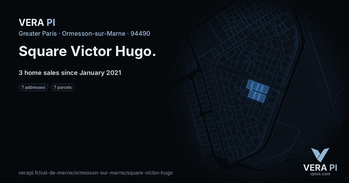 Square Victor Hugo, Ormesson-sur-Marne at night – every parcel coloured by the prices around it, the street's own parcels lit