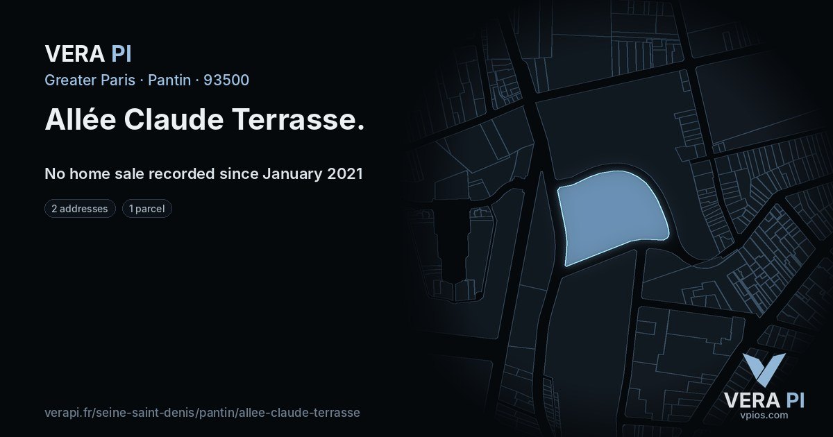 Allée Claude Terrasse, Pantin at night – every parcel coloured by the prices around it, the street's own parcels lit
