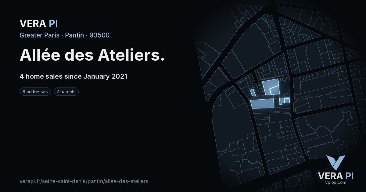 Allée des Ateliers, Pantin at night – every parcel coloured by the prices around it, the street's own parcels lit
