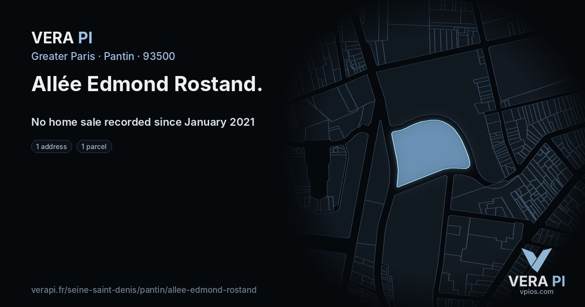 Allée Edmond Rostand, Pantin at night – every parcel coloured by the prices around it, the street's own parcels lit