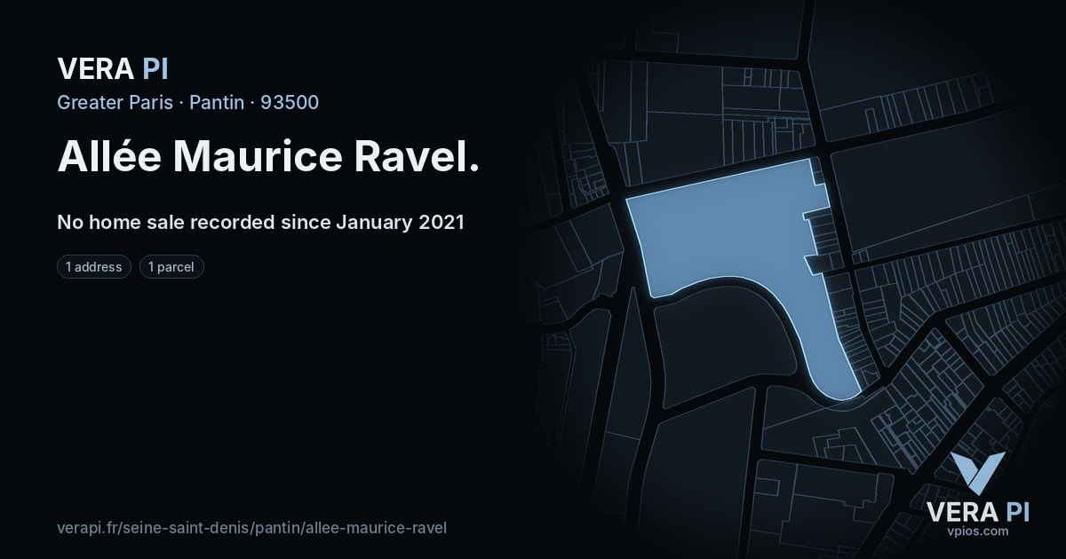 Allée Maurice Ravel, Pantin at night – every parcel coloured by the prices around it, the street's own parcels lit