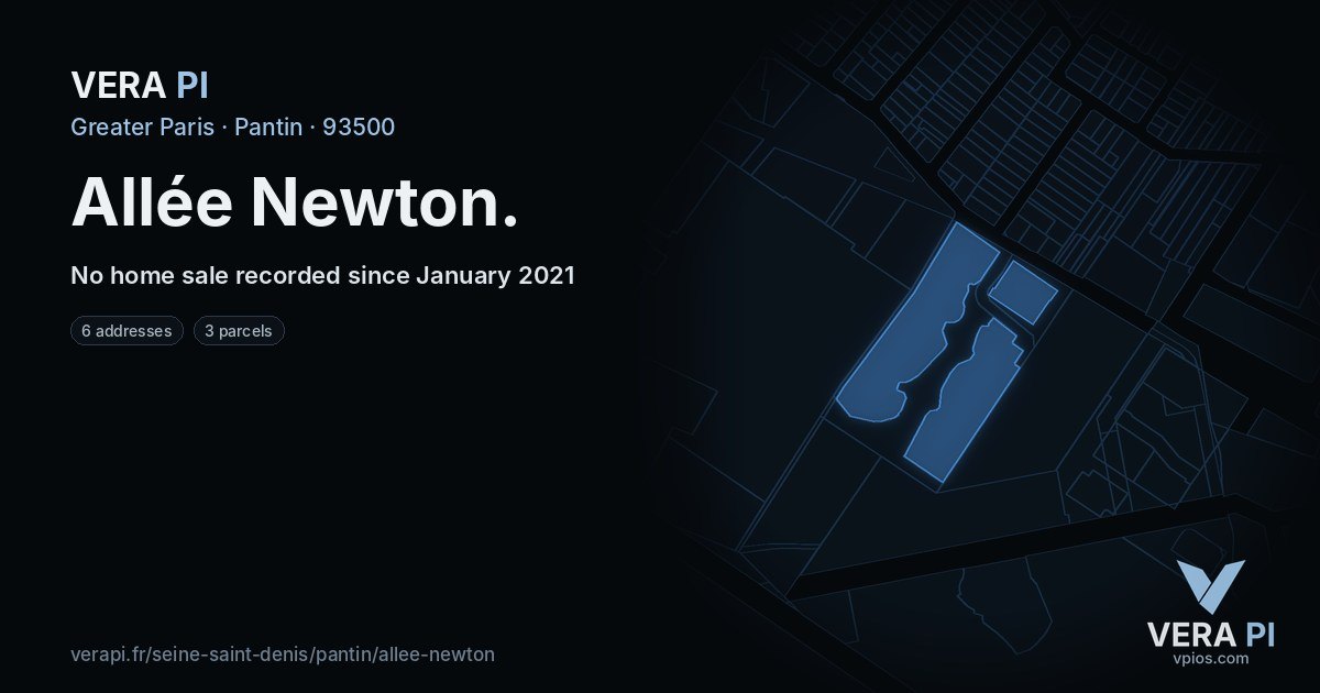 Allée Newton, Pantin at night – every parcel coloured by the prices around it, the street's own parcels lit