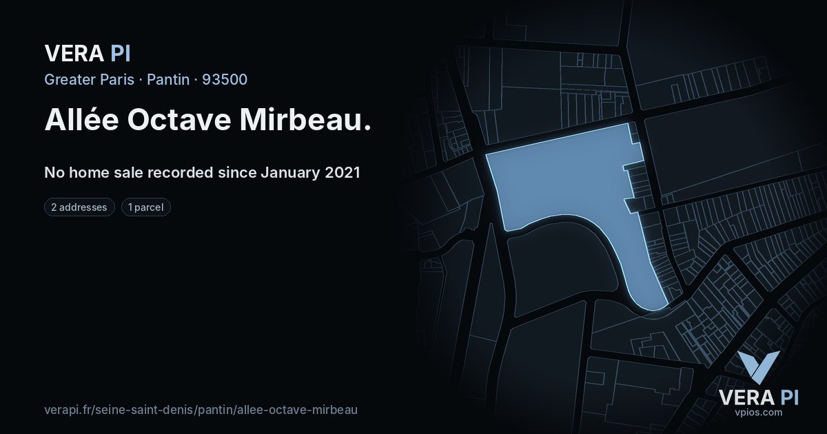Allée Octave Mirbeau, Pantin at night – every parcel coloured by the prices around it, the street's own parcels lit