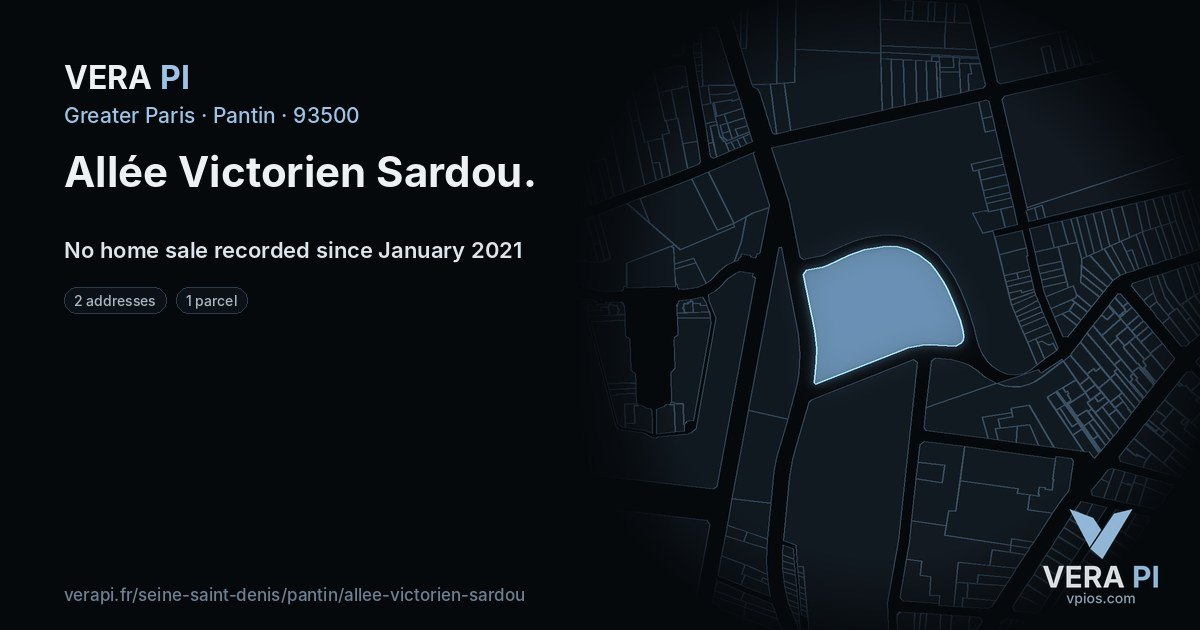 Allée Victorien Sardou, Pantin at night – every parcel coloured by the prices around it, the street's own parcels lit