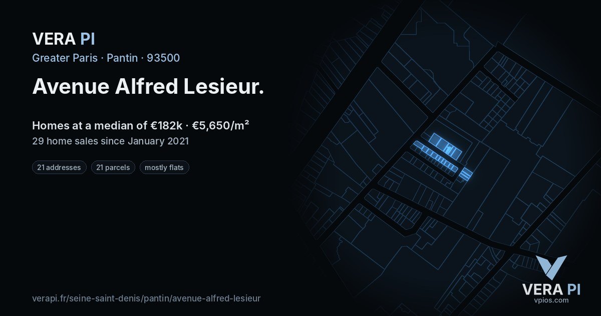 Avenue Alfred Lesieur, Pantin at night – every parcel coloured by the prices around it, the street's own parcels lit
