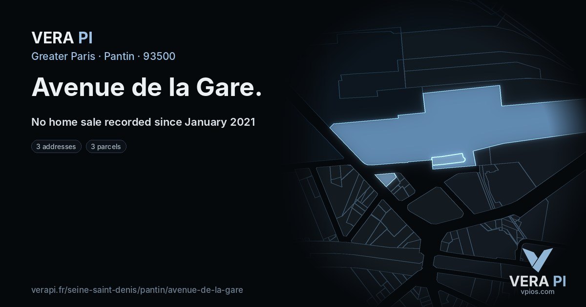 Avenue de la Gare, Pantin at night – every parcel coloured by the prices around it, the street's own parcels lit