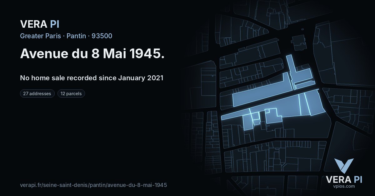 Avenue du 8 Mai 1945, Pantin at night – every parcel coloured by the prices around it, the street's own parcels lit