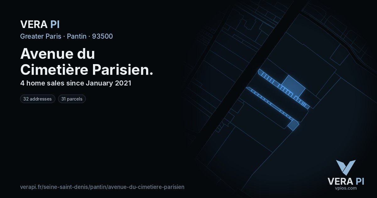Avenue du Cimetière Parisien, Pantin at night – every parcel coloured by the prices around it, the street's own parcels lit