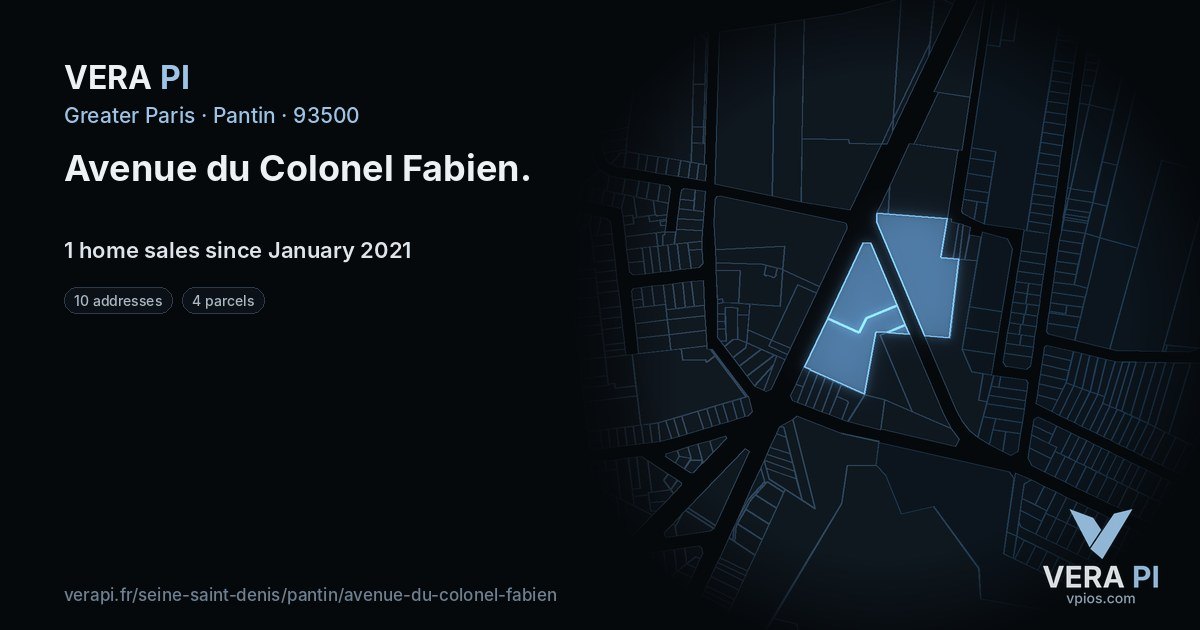 Avenue du Colonel Fabien, Pantin at night – every parcel coloured by the prices around it, the street's own parcels lit
