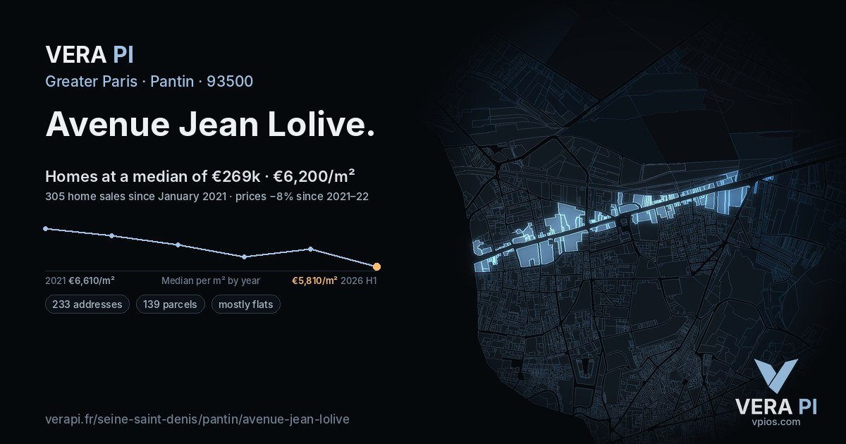 Avenue Jean Lolive, Pantin at night – every parcel coloured by the prices around it, the street's own parcels lit