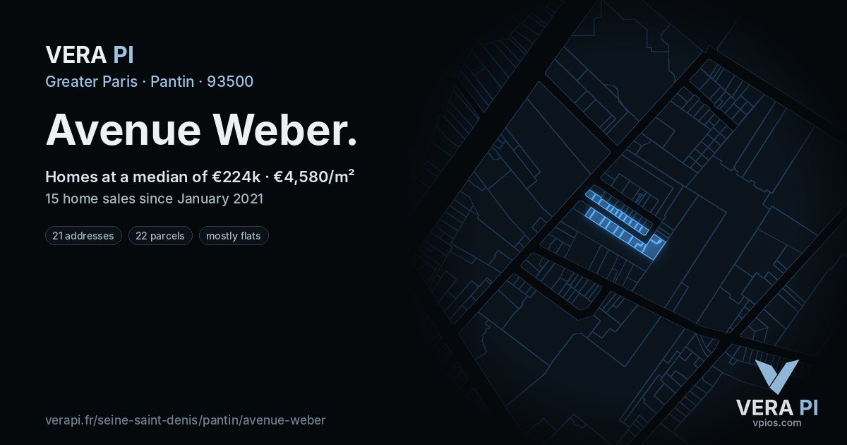 Avenue Weber, Pantin at night – every parcel coloured by the prices around it, the street's own parcels lit