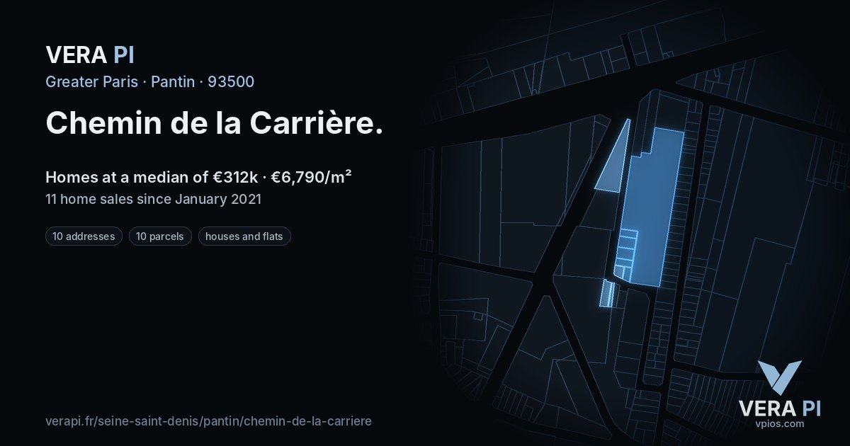 Chemin de la Carrière, Pantin at night – every parcel coloured by the prices around it, the street's own parcels lit