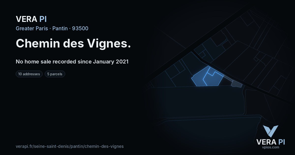 Chemin des Vignes, Pantin at night – every parcel coloured by the prices around it, the street's own parcels lit