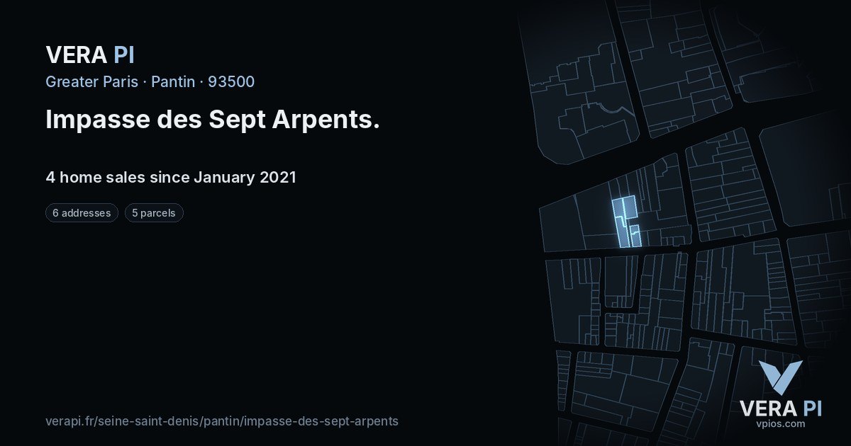 Impasse des Sept Arpents, Pantin at night – every parcel coloured by the prices around it, the street's own parcels lit