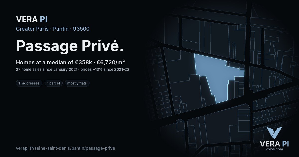 Passage Privé, Pantin at night – every parcel coloured by the prices around it, the street's own parcels lit