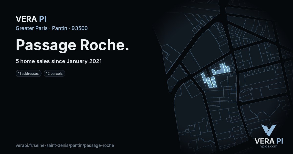 Passage Roche, Pantin at night – every parcel coloured by the prices around it, the street's own parcels lit