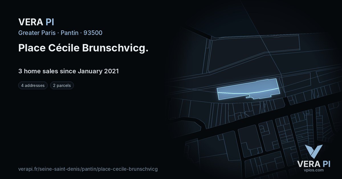 Place Cécile Brunschvicg, Pantin at night – every parcel coloured by the prices around it, the street's own parcels lit