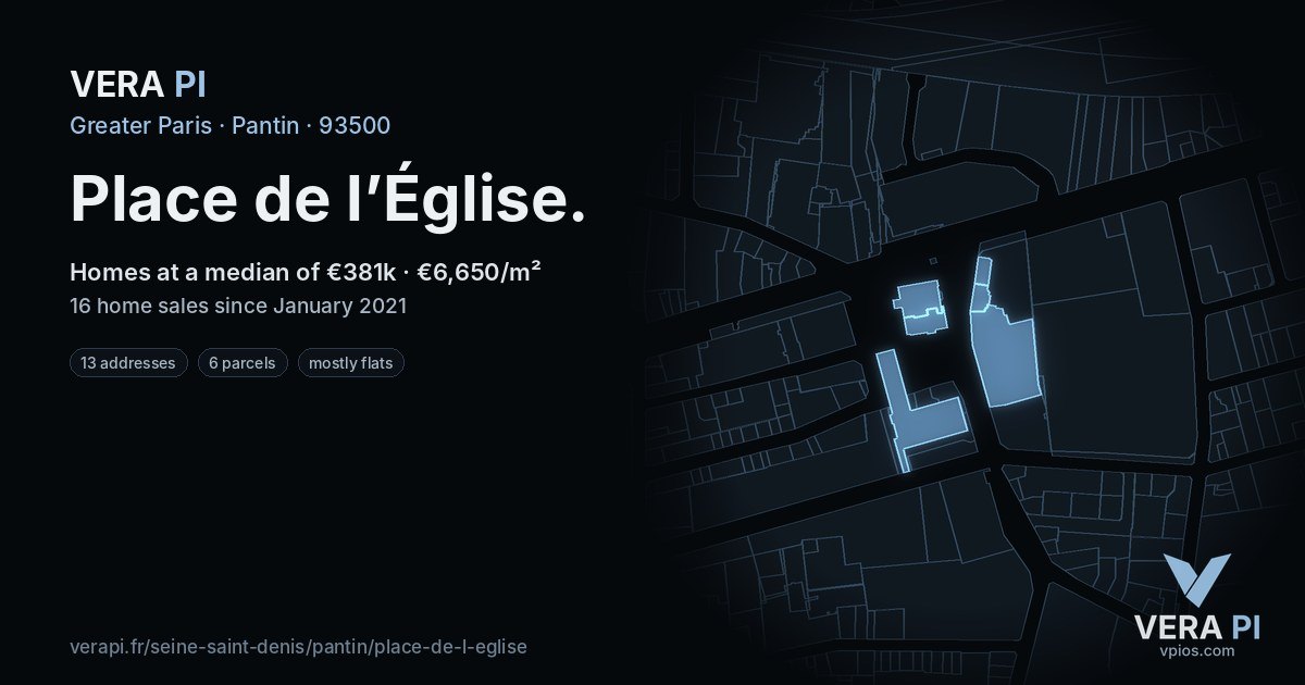 Place de l’Église, Pantin at night – every parcel coloured by the prices around it, the street's own parcels lit