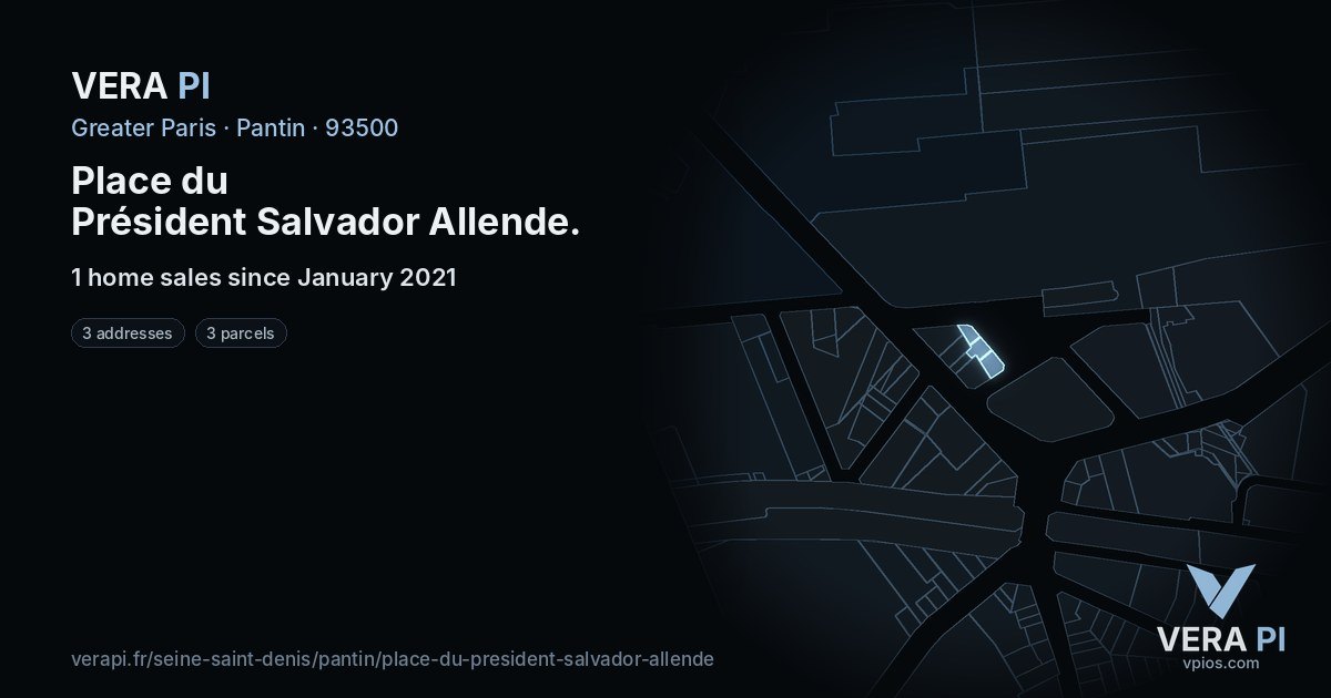 Place du Président Salvador Allende, Pantin at night – every parcel coloured by the prices around it, the street's own parcels lit