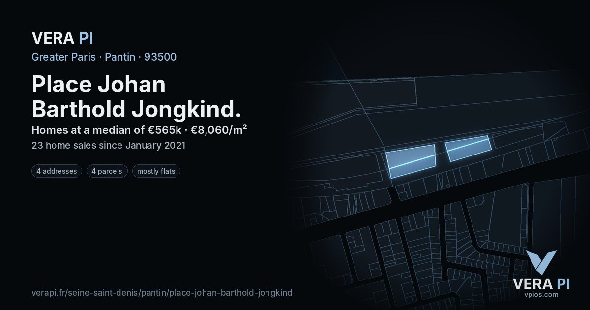 Place Johan Barthold Jongkind, Pantin at night – every parcel coloured by the prices around it, the street's own parcels lit