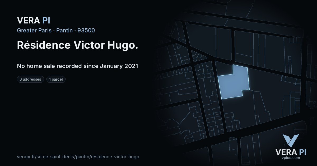 Résidence Victor Hugo, Pantin at night – every parcel coloured by the prices around it, the street's own parcels lit