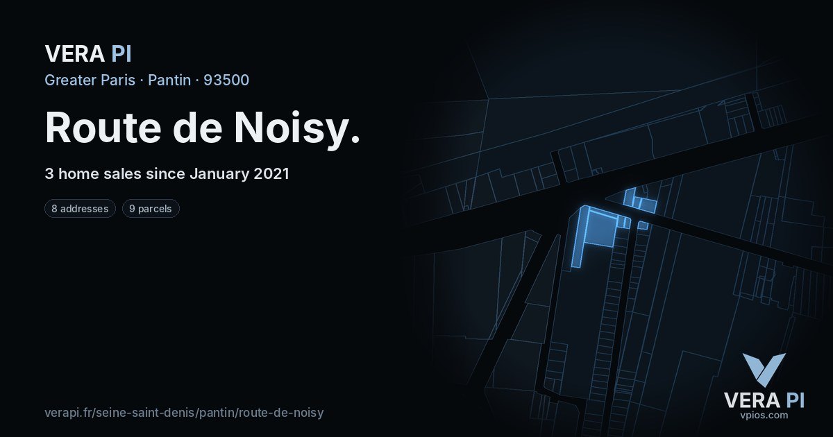 Route de Noisy, Pantin at night – every parcel coloured by the prices around it, the street's own parcels lit
