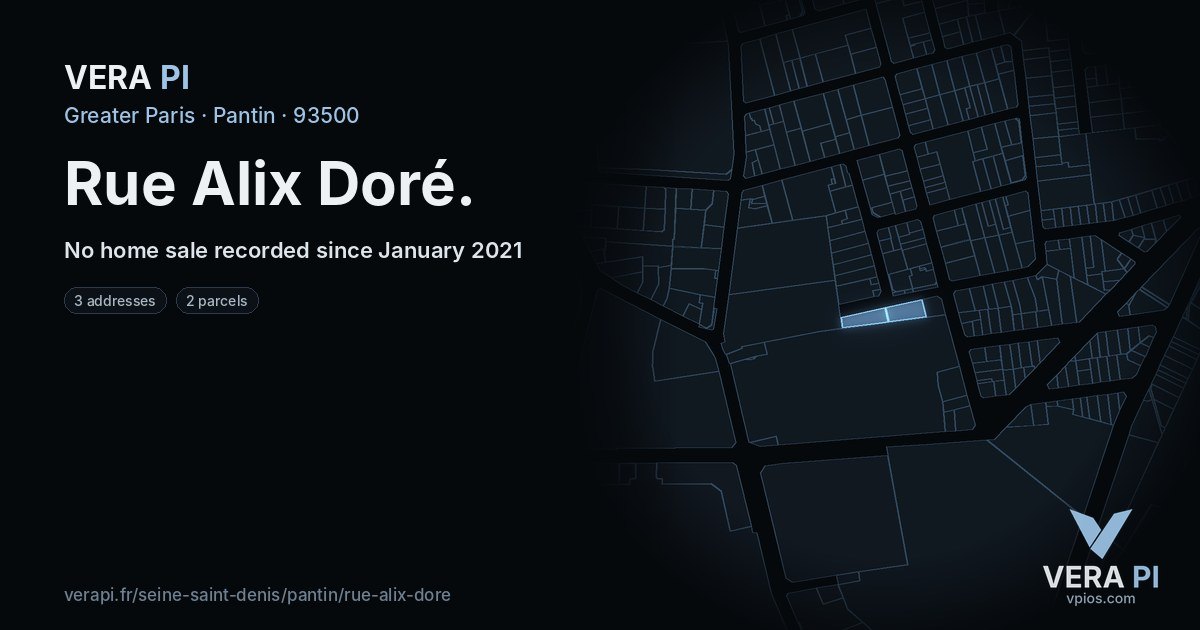 Rue Alix Doré, Pantin at night – every parcel coloured by the prices around it, the street's own parcels lit