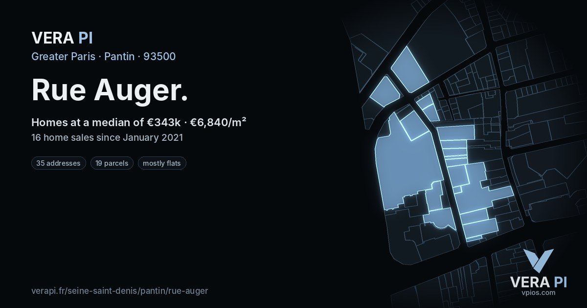 Rue Auger, Pantin at night – every parcel coloured by the prices around it, the street's own parcels lit