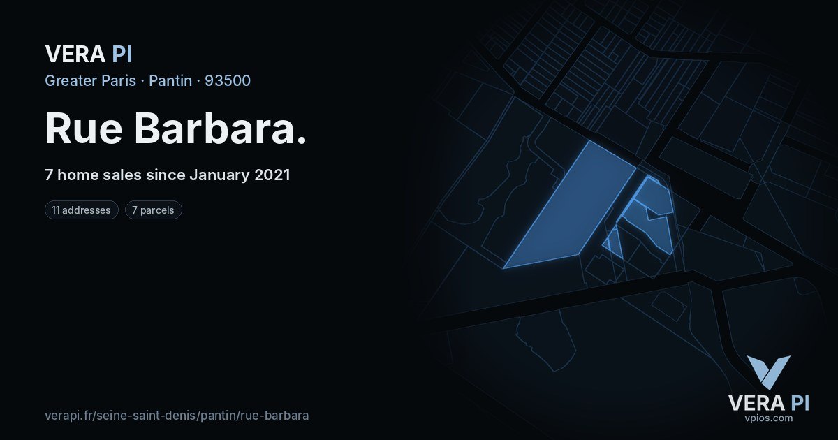 Rue Barbara, Pantin at night – every parcel coloured by the prices around it, the street's own parcels lit