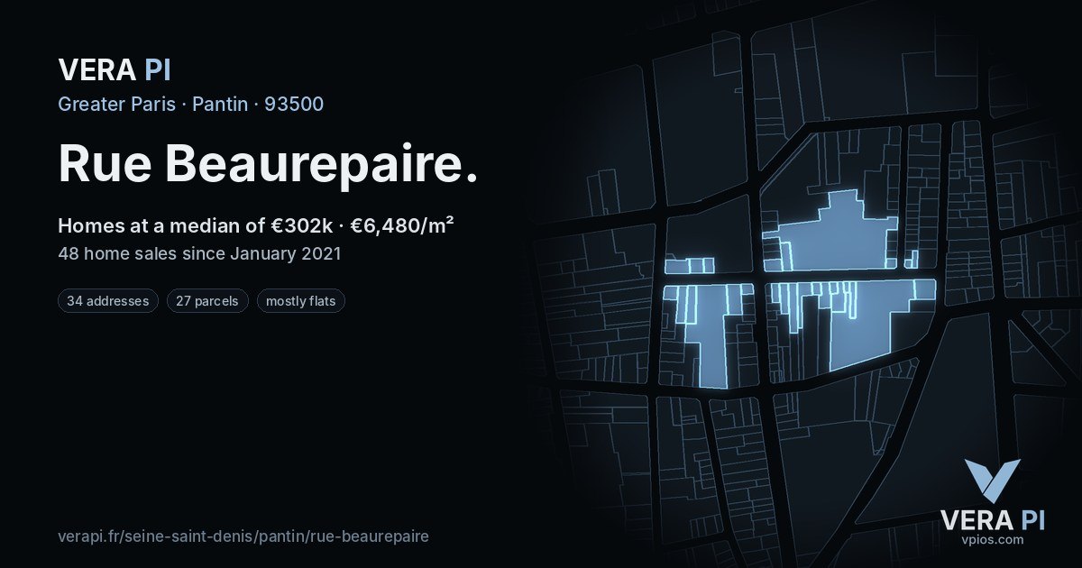 Rue Beaurepaire, Pantin at night – every parcel coloured by the prices around it, the street's own parcels lit