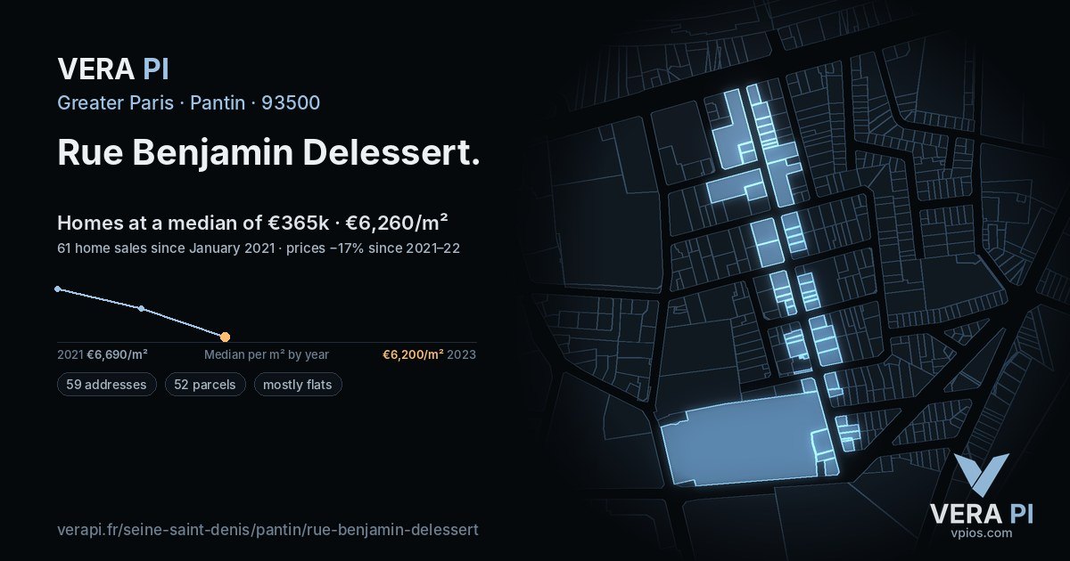 Rue Benjamin Delessert, Pantin at night – every parcel coloured by the prices around it, the street's own parcels lit