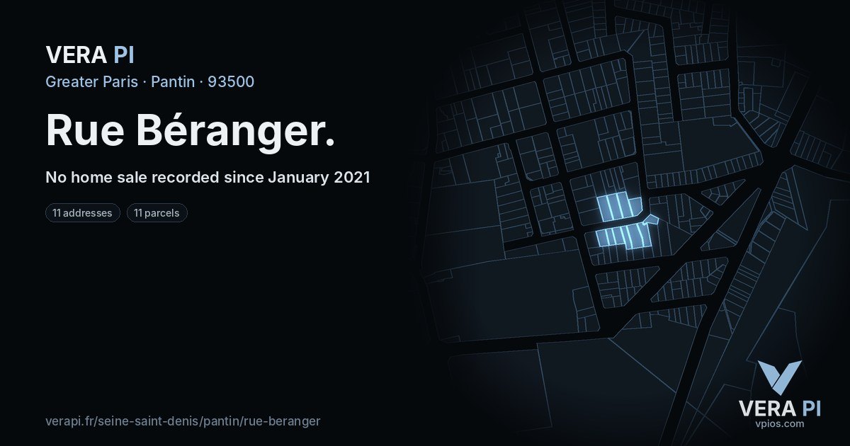 Rue Béranger, Pantin at night – every parcel coloured by the prices around it, the street's own parcels lit