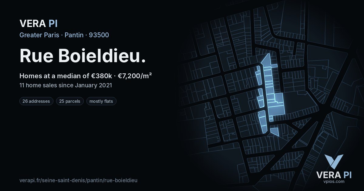 Rue Boieldieu, Pantin at night – every parcel coloured by the prices around it, the street's own parcels lit