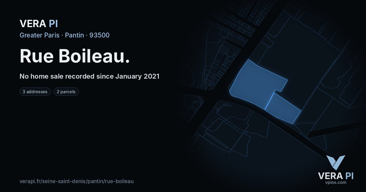 Rue Boileau, Pantin at night – every parcel coloured by the prices around it, the street's own parcels lit