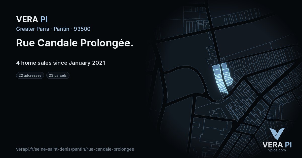 Rue Candale Prolongée, Pantin at night – every parcel coloured by the prices around it, the street's own parcels lit