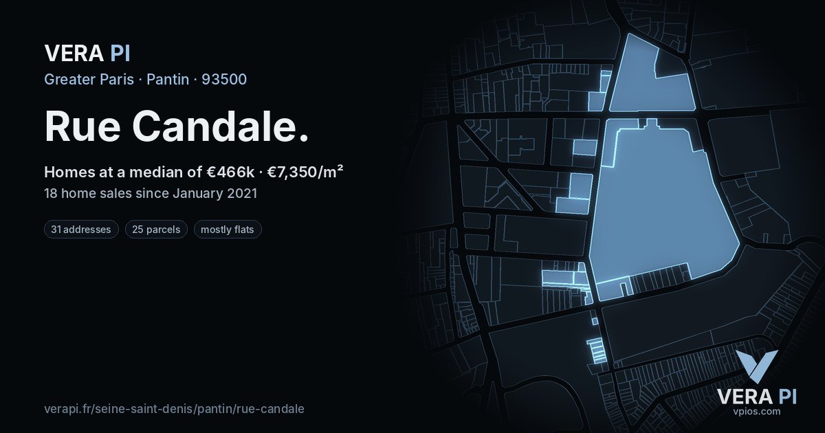 Rue Candale, Pantin at night – every parcel coloured by the prices around it, the street's own parcels lit