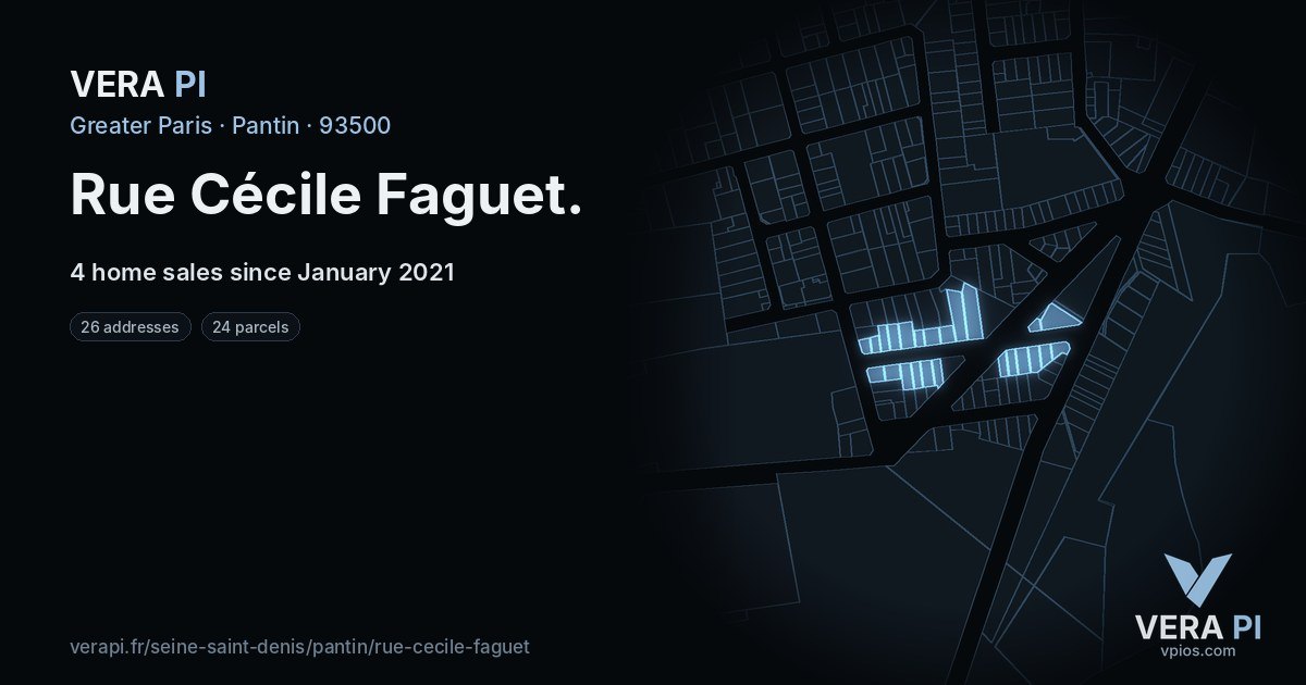Rue Cécile Faguet, Pantin at night – every parcel coloured by the prices around it, the street's own parcels lit