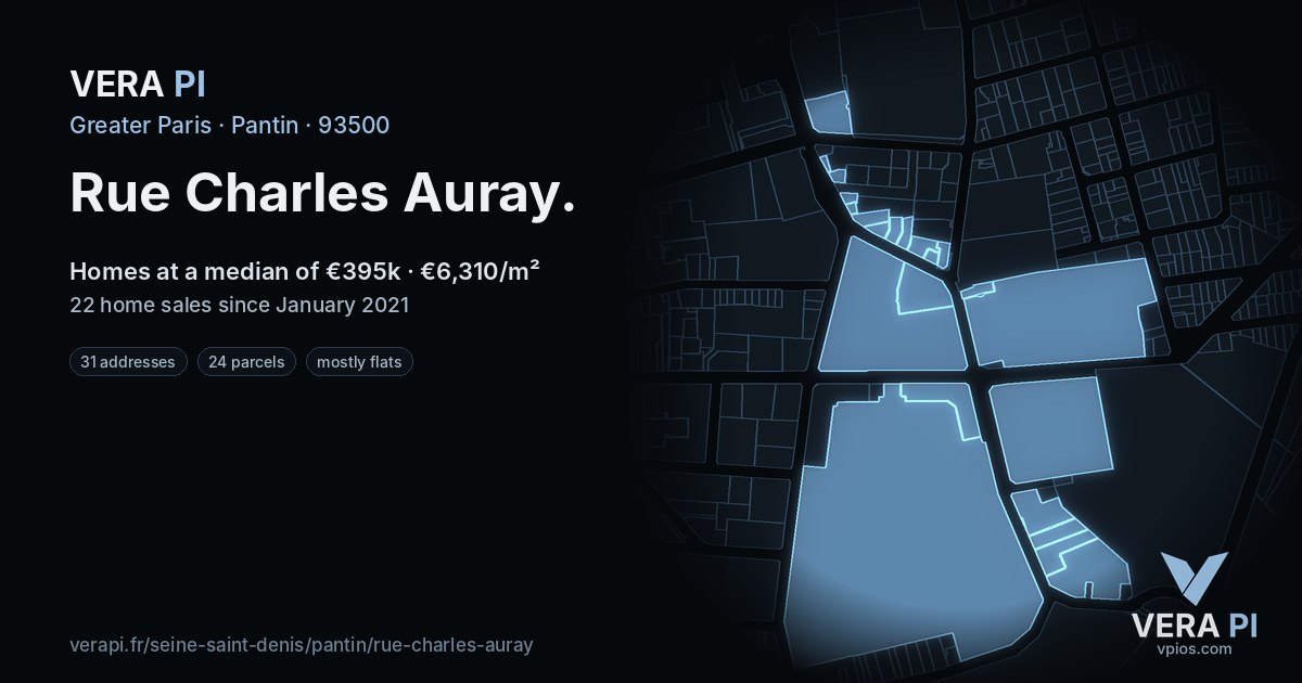 Rue Charles Auray, Pantin at night – every parcel coloured by the prices around it, the street's own parcels lit