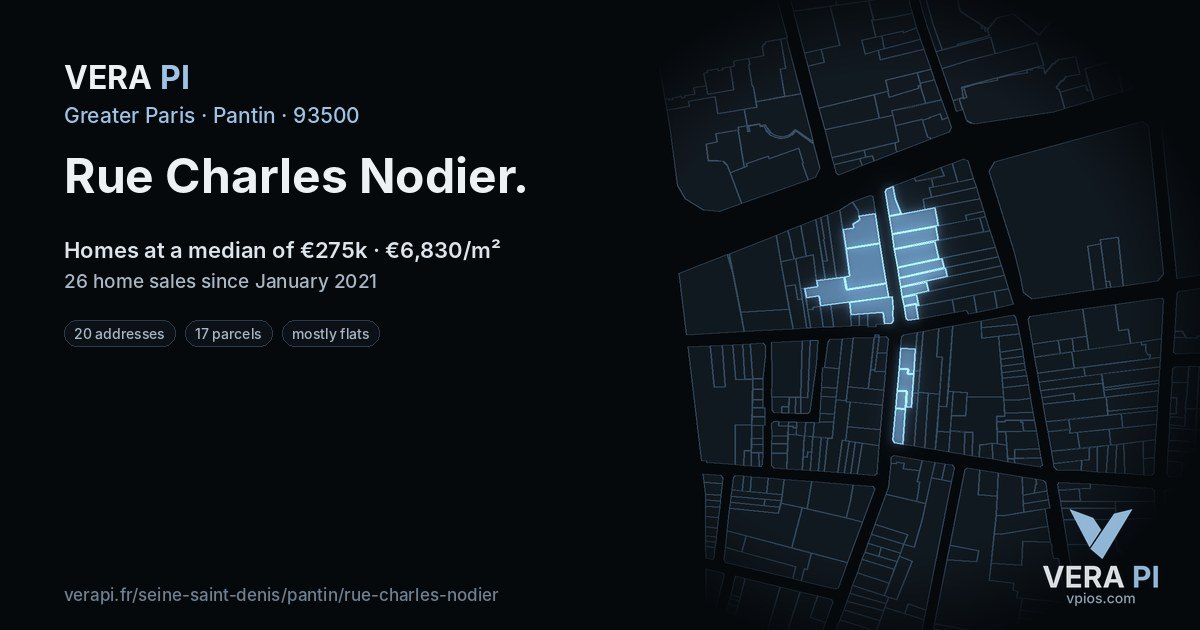 Rue Charles Nodier, Pantin at night – every parcel coloured by the prices around it, the street's own parcels lit