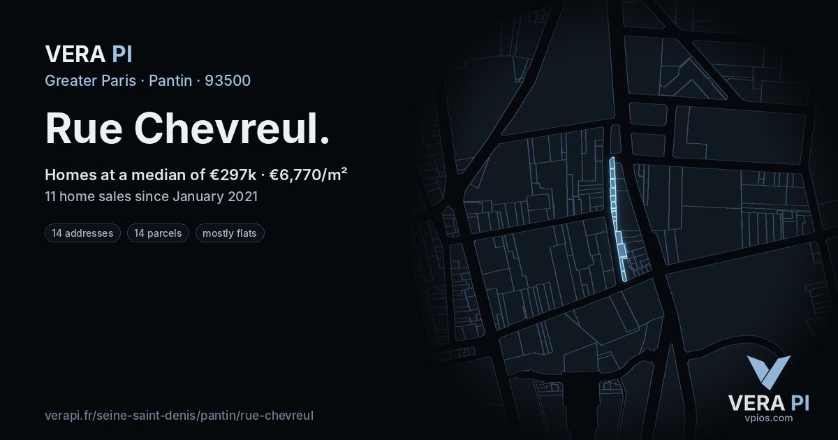 Rue Chevreul, Pantin at night – every parcel coloured by the prices around it, the street's own parcels lit