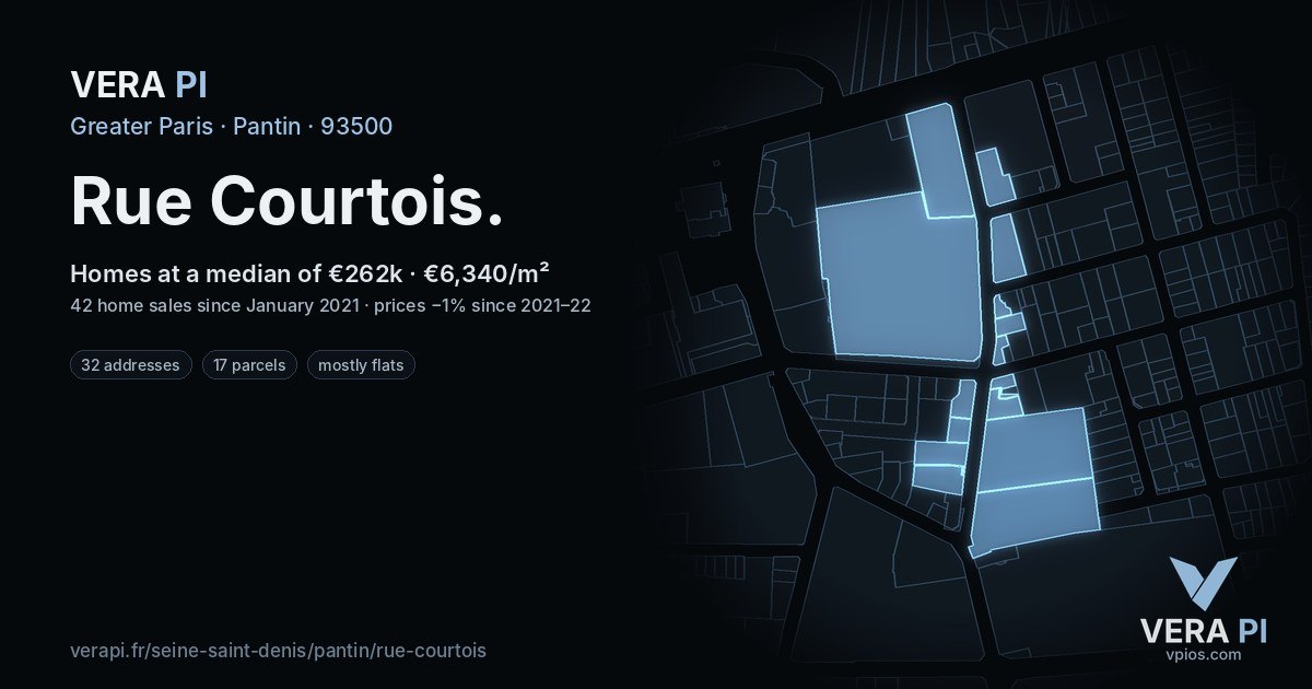 Rue Courtois, Pantin at night – every parcel coloured by the prices around it, the street's own parcels lit