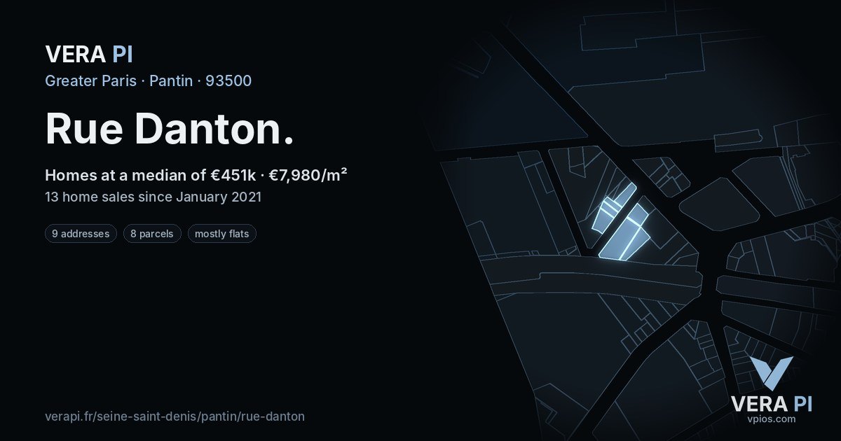 Rue Danton, Pantin at night – every parcel coloured by the prices around it, the street's own parcels lit