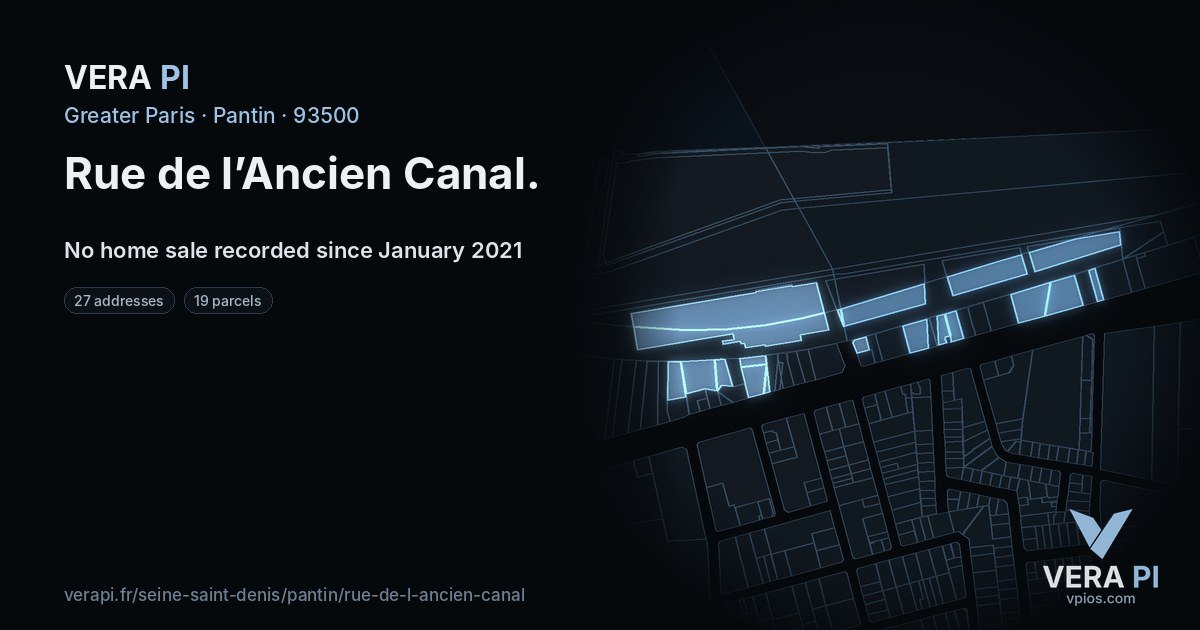 Rue de l’Ancien Canal, Pantin at night – every parcel coloured by the prices around it, the street's own parcels lit