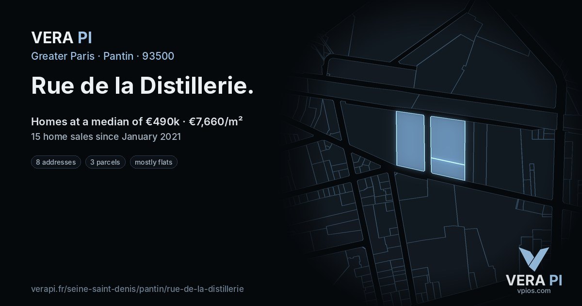 Rue de la Distillerie, Pantin at night – every parcel coloured by the prices around it, the street's own parcels lit