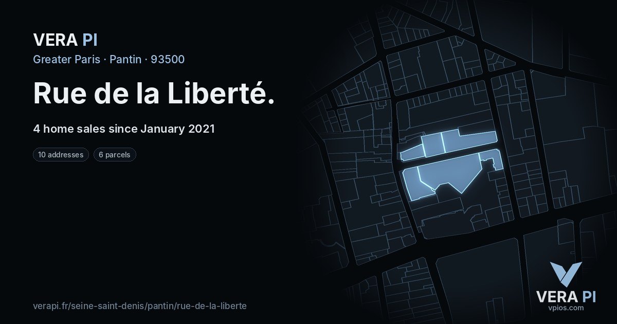 Rue de la Liberté, Pantin at night – every parcel coloured by the prices around it, the street's own parcels lit