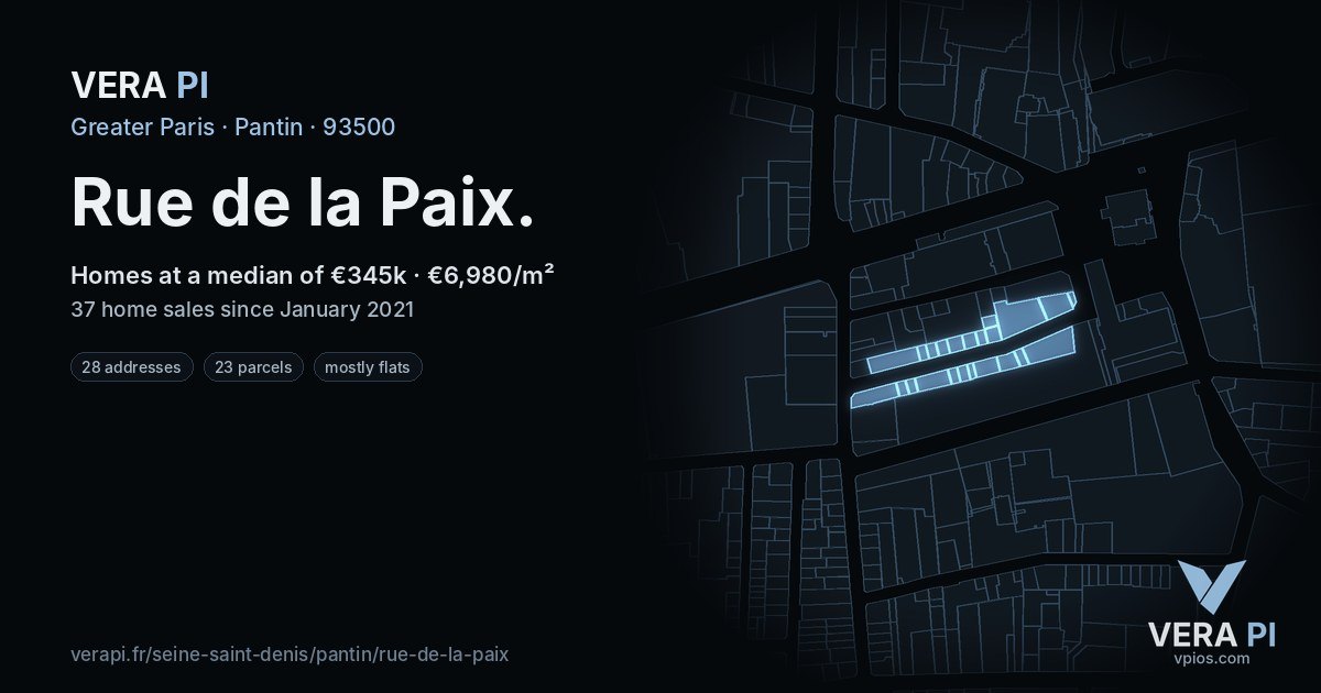 Rue de la Paix, Pantin at night – every parcel coloured by the prices around it, the street's own parcels lit